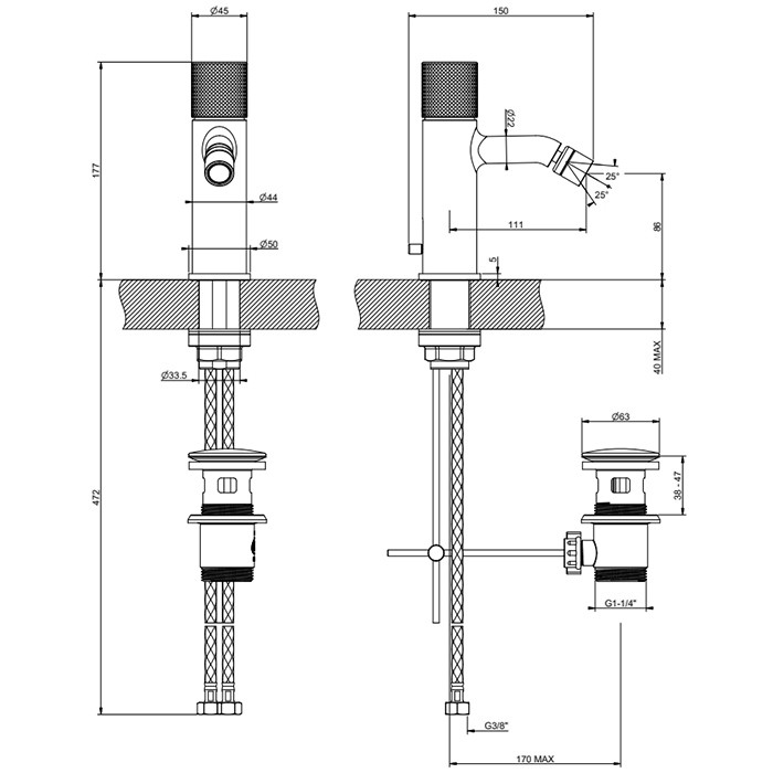 Смеситель для биде, 1 отв., с донным клапаном, Gessi Habito Cesello, хром арт. 70407#031