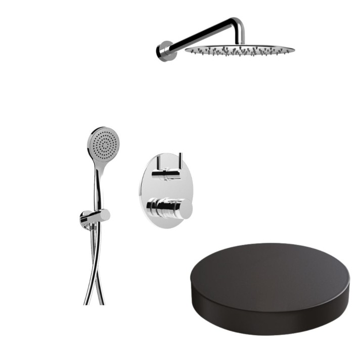 Встраиваемый душевой комплект на 2 режима, однорычажный, с поворотным переключателем, ручной душ, кронштейн, верхний душ d25 см, Giulini My ring deluxe, черный матовый арт. MR0067DLEPNO