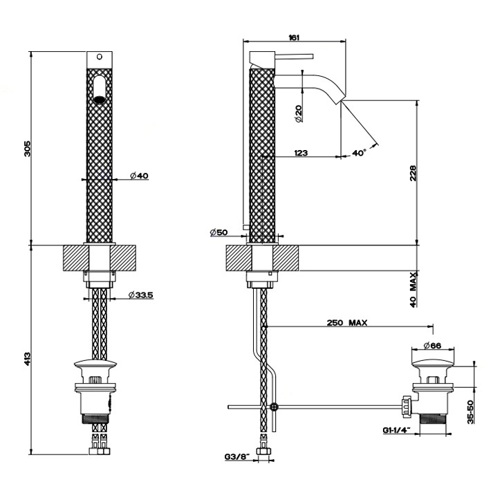 Смеситель однорычажный высокий с донным клапаном, Gessi Intreccio, шлифованная сталь арт. 54104#239