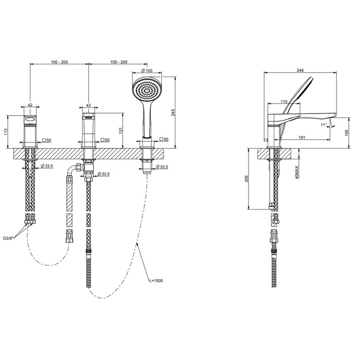 Смеситель на борт ванны на 3 отв, с убирающаяся душевой лейкой, Gessi Rilievo, хром арт. 59037#031