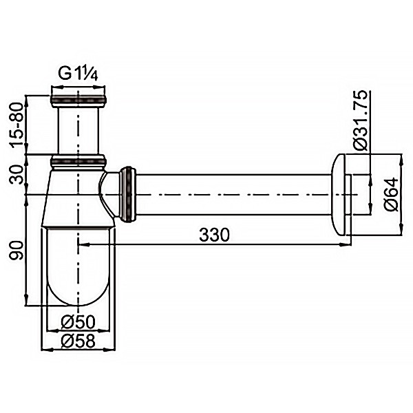 Сифон для раковины без выпуска, G 1 1/4 латунь, хром Azario, Basic - AZ-107-CHR