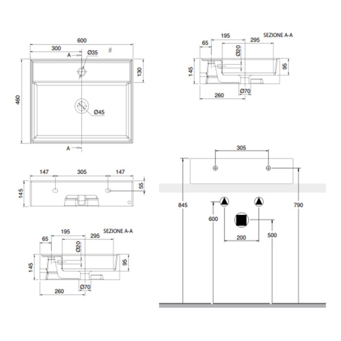Раковина подвесная или накладная с переливом с одним отверстием, цвет песочный матовый, Scarabeo Teorema 2.0 - 5105 52