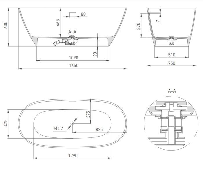 Ванна отдельностоящая 165x75, матовая, Salini SOFIA арт. 102521MRF