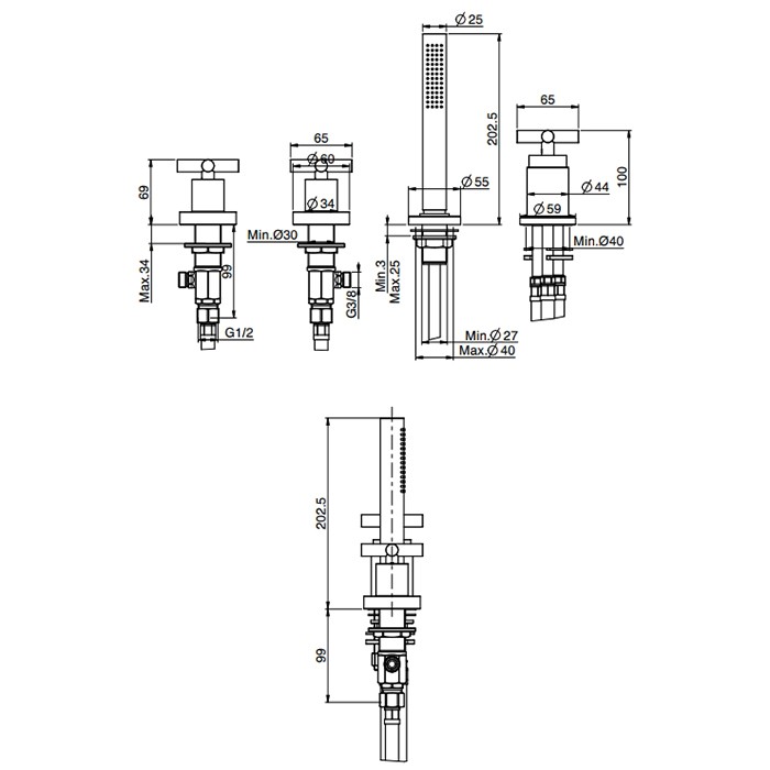 Fima Carlo Frattini Смеситель на борт ванны, на 4 отв., с ручным душем, Maxima, F5314/2NS цвет: черный