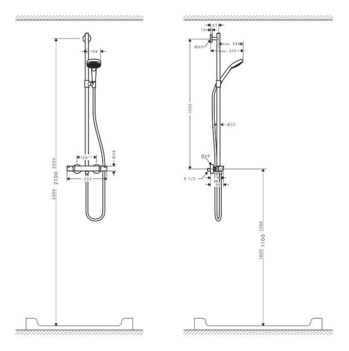 Душевая система SemiPipe Multi с термостатом Croma Select E Hansgrohe, белый, хром арт. 27248400