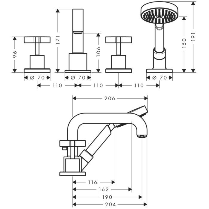 Смеситель на край ванны Citterio Axor, шлифованный черный хром арт. 39445340