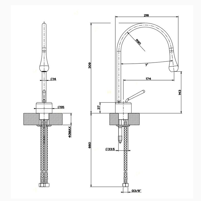 Смеситель для раковины на 1 отверстие, излив 174мм R=90, Gessi Goccia, хром арт. 33601#031