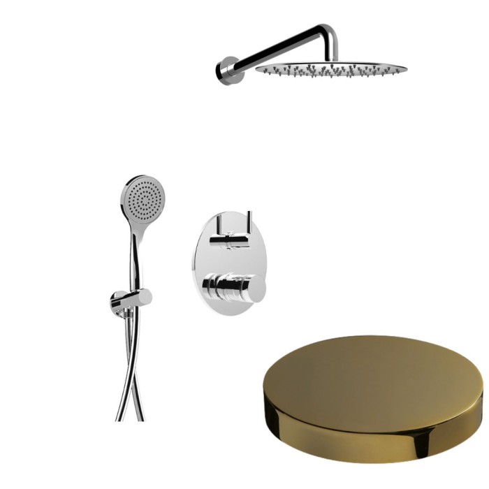 Встраиваемый душевой комплект на 2 режима, однорычажный, с поворотным переключателем, ручной душ, кронштейн, верхний душ d25 см, Giulini My ring deluxe, золото арт. MR0067DLEPO