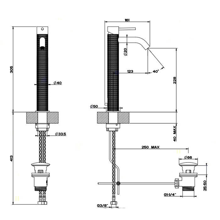 Смеситель однорычажный высокий с донным клапаном, Gessi Meccanica, шлифованная сталь арт. 54204#239