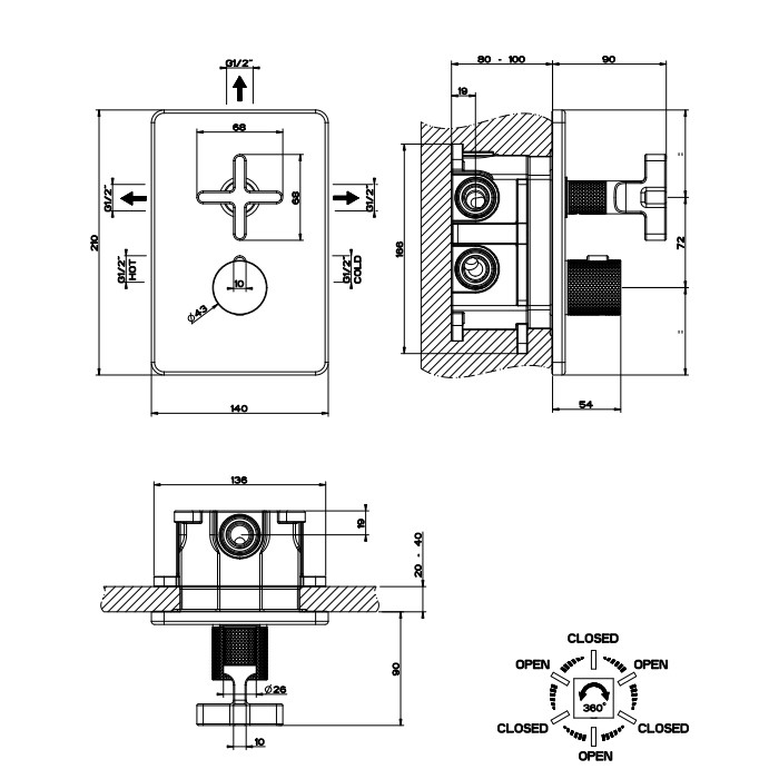 Смеситель для душа, термостатический, на 3 источника, Gessi Inciso, золото арт. 58236#246