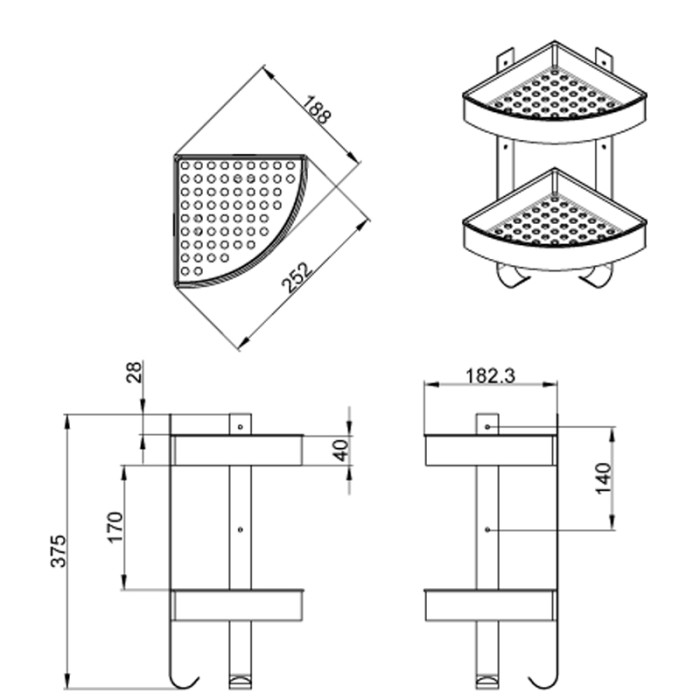 Полка угловая двухэтажная подвесная, хром матовый, Azario Rina - AZ-833-2