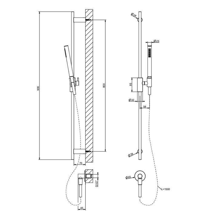 Душевой гарнитур с штангой, выводом воды, ручным душем и шлангом 150см., Gessi Habito Unito, хром арт. 70042#031