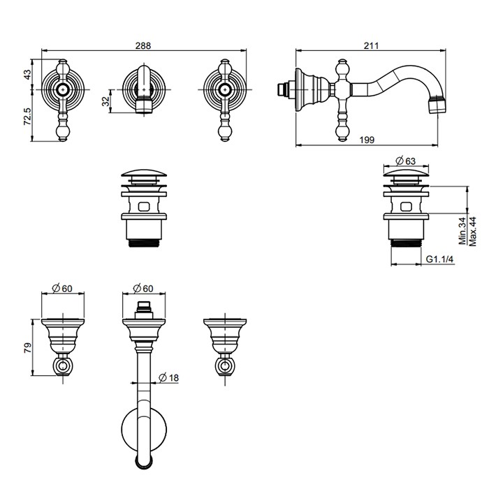 Fima Carlo Frattini Смеситель для раковины, встраиваемый, излив: 19.9см., Epoque, F5051L/5OR цвет: золото