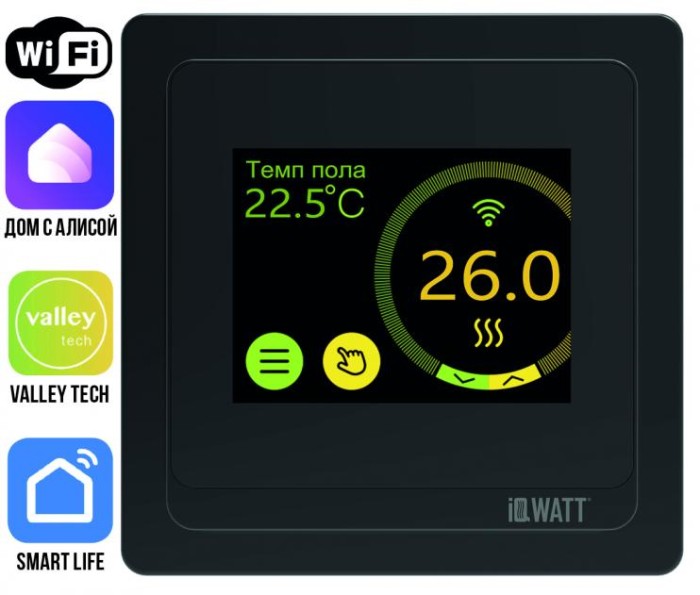 Программируемый терморегулятор с голосовым управлением Алиса, SMART HEAT Wi-Fi BLACK, IQWATT арт. 400111