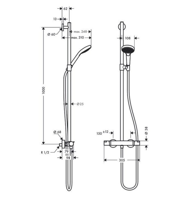Душевая система SemiPipe Multi с термостатом Croma Select S Hansgrohe, белый, хром арт. 27247400