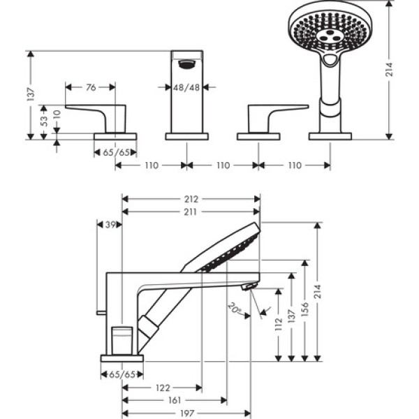 Смеситель для ванны на 4 отверстия, Hansgrohe Metropol, хром арт. 32552000
