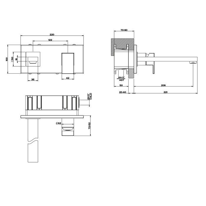 Смеситель для раковины, встраиваемый, однорычажный, излив 206мм, Gessi Rettangolo, black xl арт. 44836#299