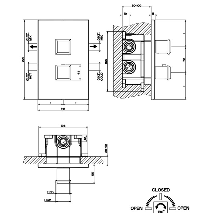 Встраиваемый термостат, подключение на 3/4”, с переключателем на 2 выхода и фильтрами, Gessi Eleganza, finox арт. 46234#149