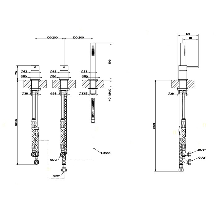 Смеситель для ванны на 3 отверстия, убирающаяся душевая лейка, Gessi Bath316, шлифованная сталь арт. 54043#239