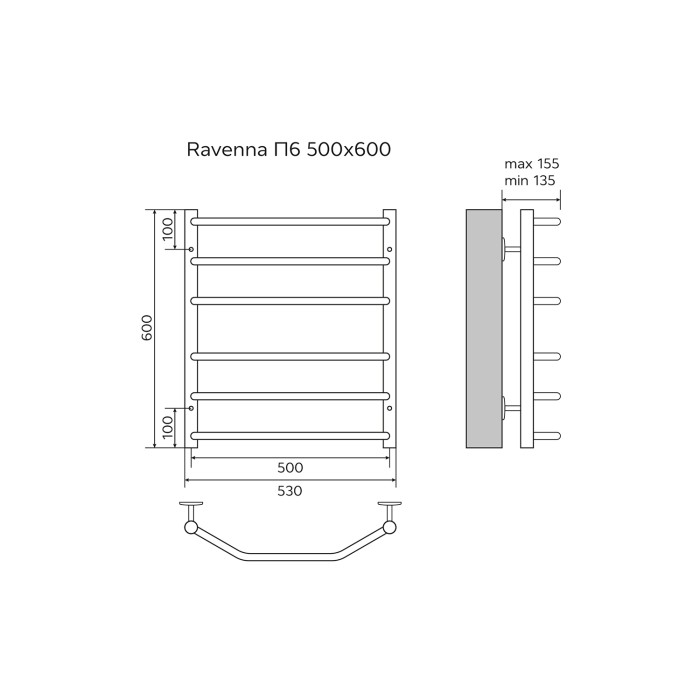 Полотенцесушитель водяной 500/600 6 секций, нижнее/диагональное подключение, 1/2", хром, Ravenna Azario - AZ07156