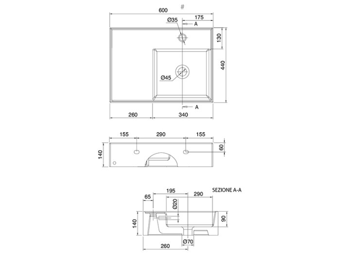 Раковина подвесная или накладная с переливом с одним отверстием, цвет белый с антибактериальным и грязеотталкивающим покрытием BIOKER, Scarabeo Teorema 2.0 - 5117 BK