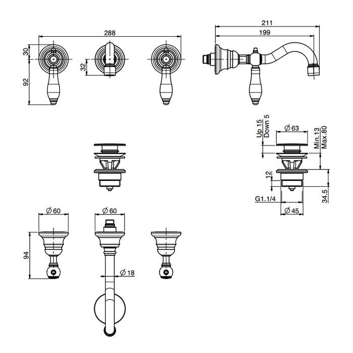 Fima Carlo Frattini Смеситель для раковины, встраиваемый, излив: 19.9см., Herend, F5401L/5OR цвет: золото