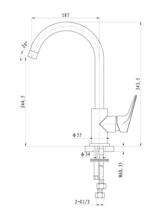 Смеситель для кухни, Wonzon & Woghand Balance, WW-052101-CR цвет: хром