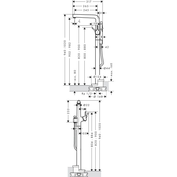 Смеситель для ванны напольного монтажа, Hansgrohe Talis S, хром арт. 72412000