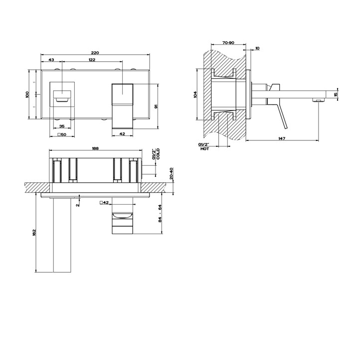 Смеситель для раковины, встраиваемый, однорычажный, излив 147мм, Gessi Rettangolo, black xl арт. 53089#299