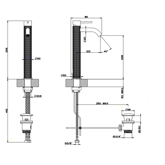 Смеситель однорычажный высокий с донным клапаном, Gessi Cesello, шлифованная сталь арт. 54404#239