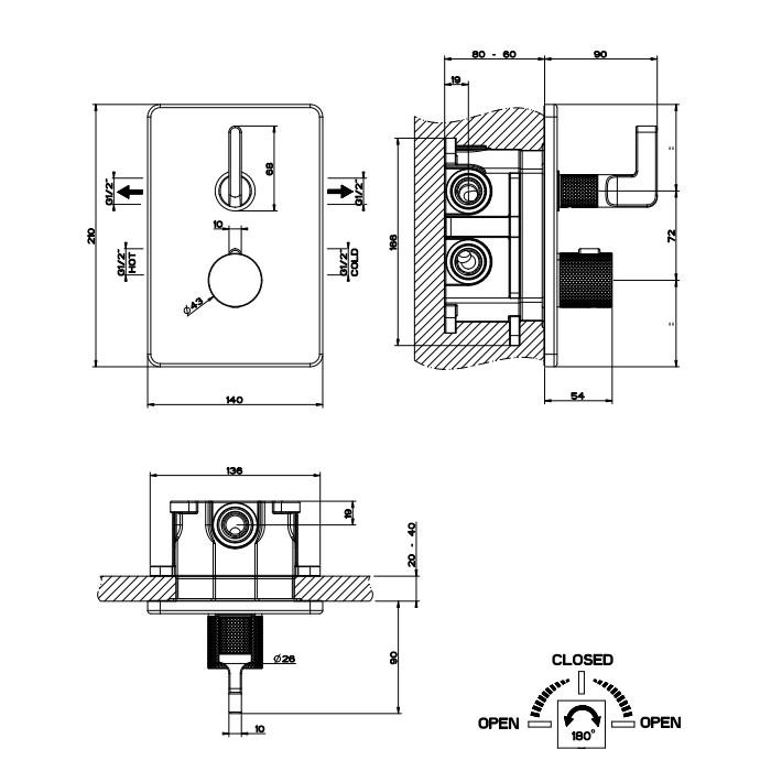 Смеситель для душа, термостатический, на 2 источника, Gessi Inciso, золото арт. 58134#246