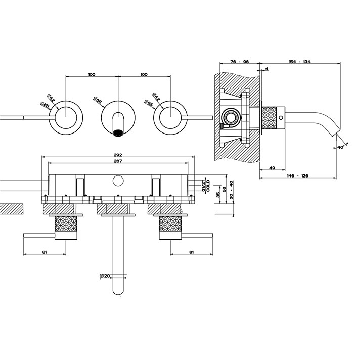 Встраиваемый смеситель для раковины с изливом 146-128мм, Gessi 316, brushed black metal pvd арт. 54192#707