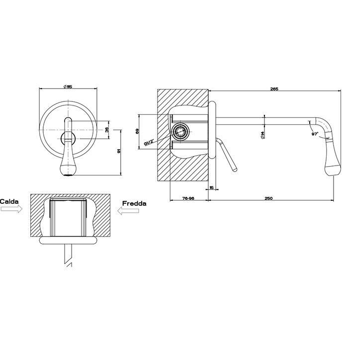 Встраиваемый однорычажный смеситель для раковины, излив: 250мм, Gessi Goccia, черный арт. 33686#299