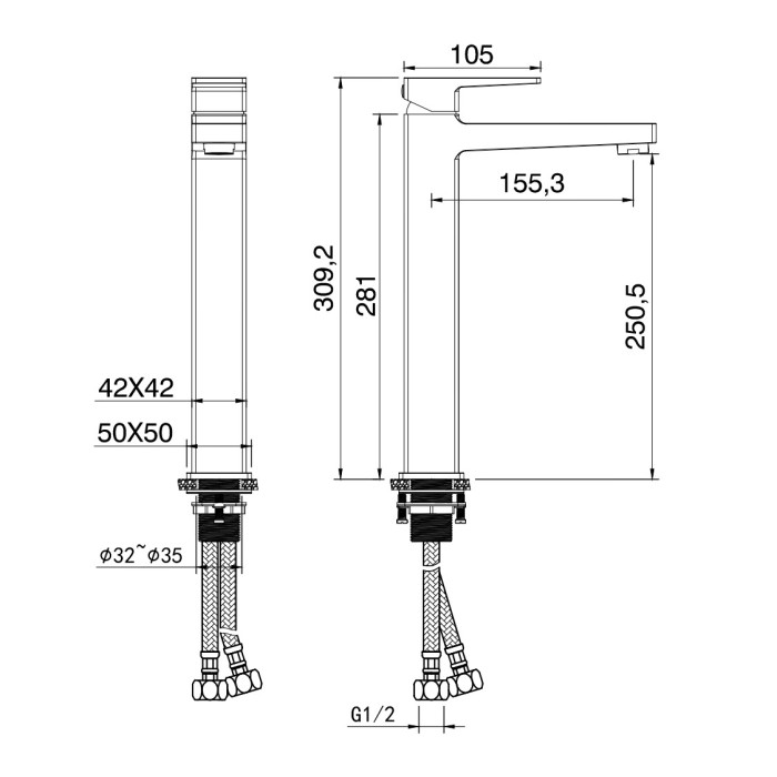 Смеситель для раковины высокий, Wonzon & Woghand Cube 2.0, WW-88019068-BGM цвет: графит