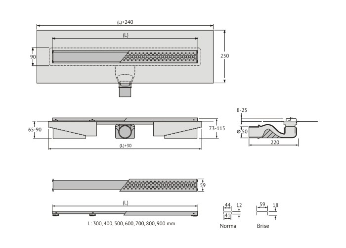Душевой лоток BERGES C1 Norma 900, матовый хром, S-сифон D50 H60, арт.090140