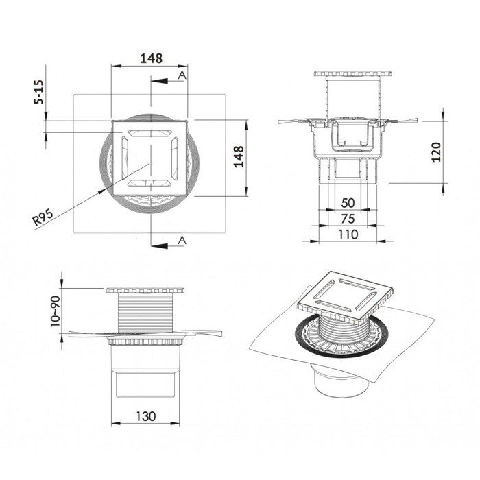 Душевой трап BERGES ZENTRUM Antik 150х150, хром глянец, выпуск D50/75/110 H74, арт.091465