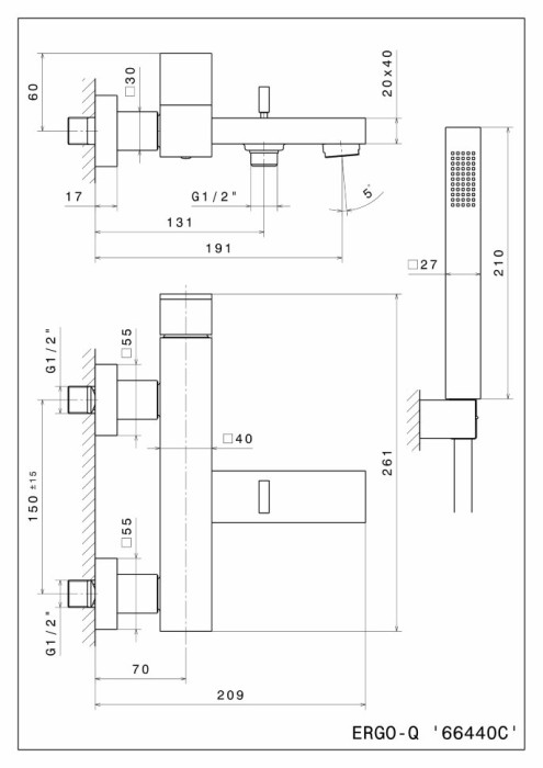 Настенный смеситель для ванны с держателем душевой лейки, Futura Kerama Marazzi, хром - 66440CKM.21.018