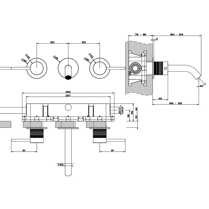 Встраиваемый смеситель для раковины на 3 отв., излив: 146-128мм, Gessi 316, brushed black metal pvd арт. 54392#707