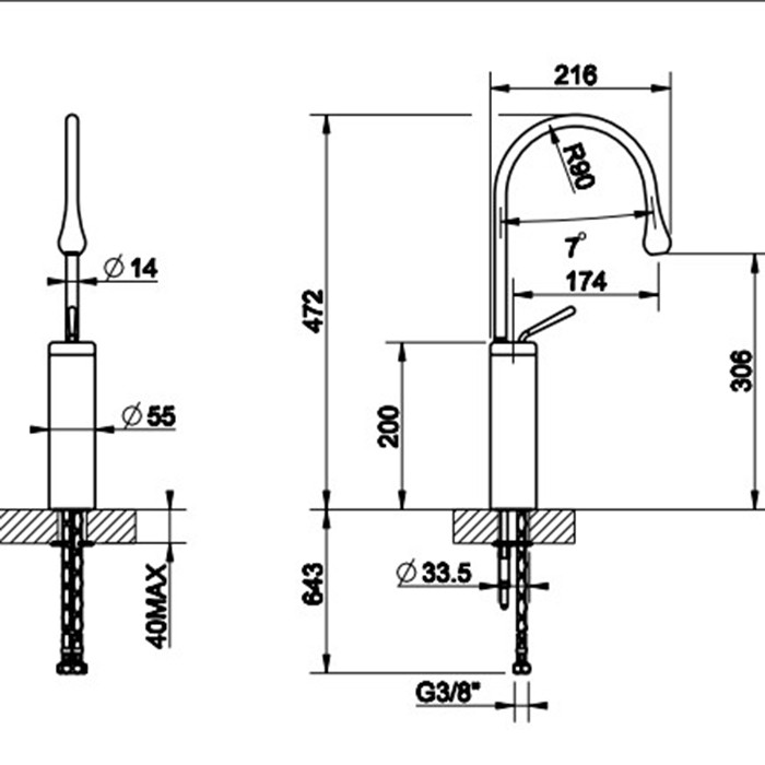Смеситель для раковины на 1 отверстие, высокий, излив 174мм R=90, Gessi Goccia, белый арт. 33608#279