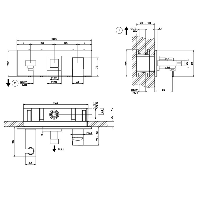 Смеситель для раковины, встраиваемый, однорычажный, с изливом, подводом воды, держателем лейки и переключателем PULL, Gessi Rettangolo, black xl арт. 44911#299