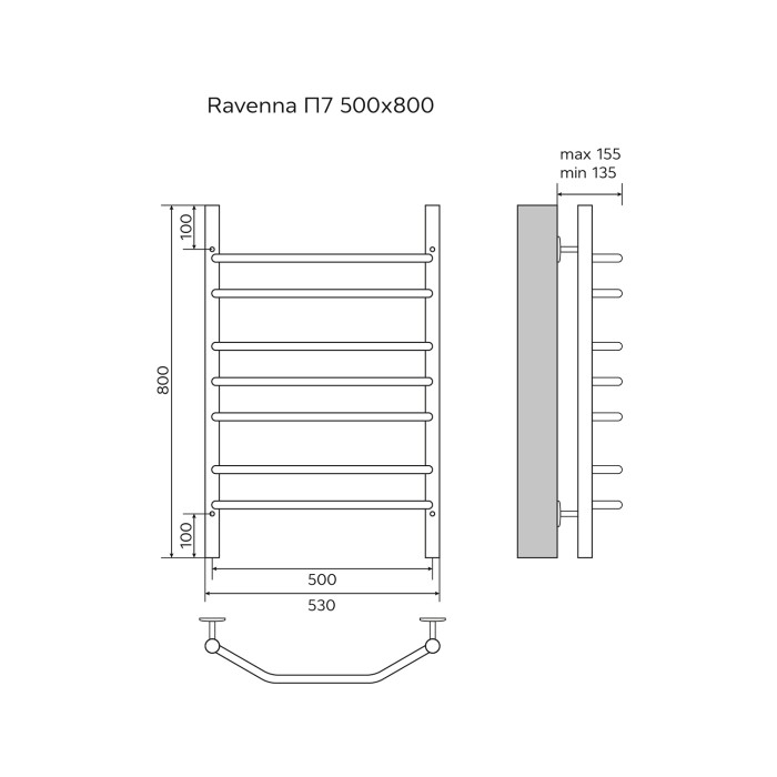 Полотенцесушитель водяной 500/800 7 секций, нижнее/диагональное подключение, 1/2", хром, Ravenna Azario - AZ07158