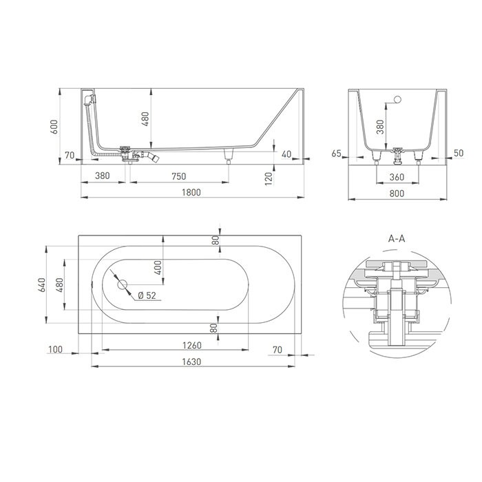 Ванна пристенная 180x80, матовая, Salini FABIA арт. 102612M