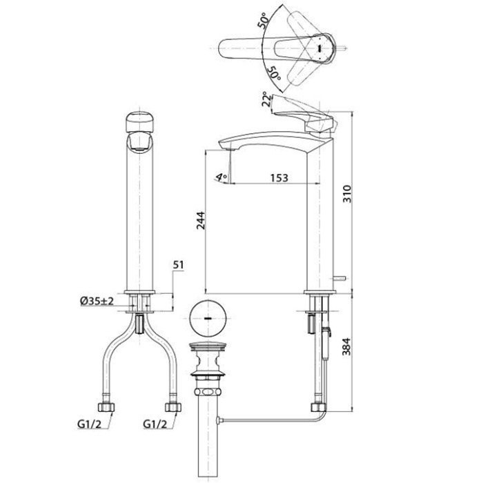 Высокий смеситель для раковины, GM TOTO, TLG09305R цвет: хром