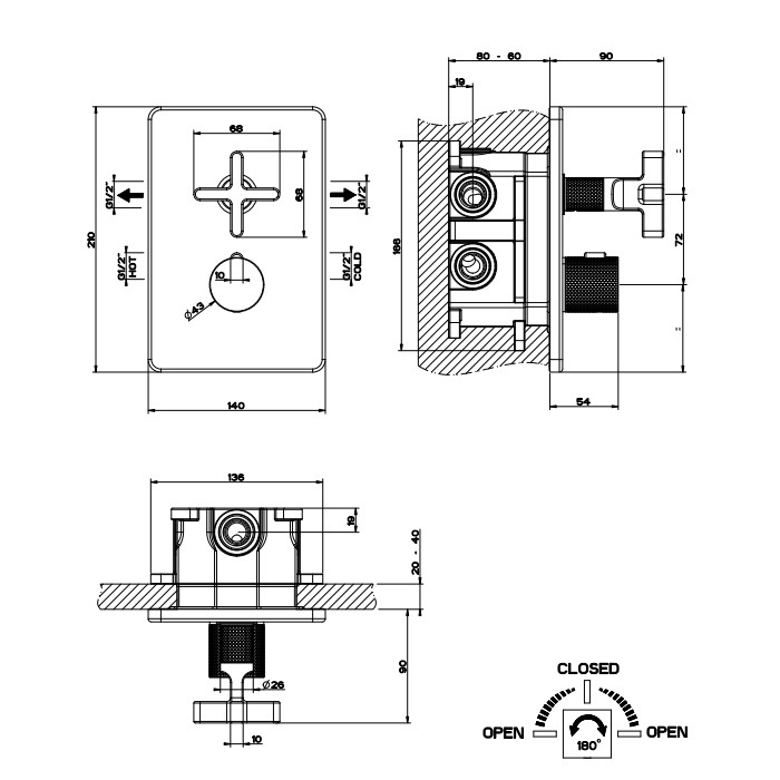 Смеситель для душа, термостатический, на 2 источника, Gessi Inciso, золото арт. 58234#246