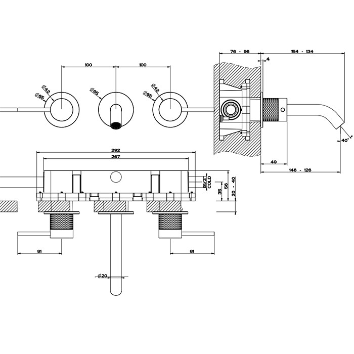 Встраиваемый смеситель для раковины на 3 отв., излив: 146-128мм, Gessi 316, brushed black metal pvd арт. 54492#707