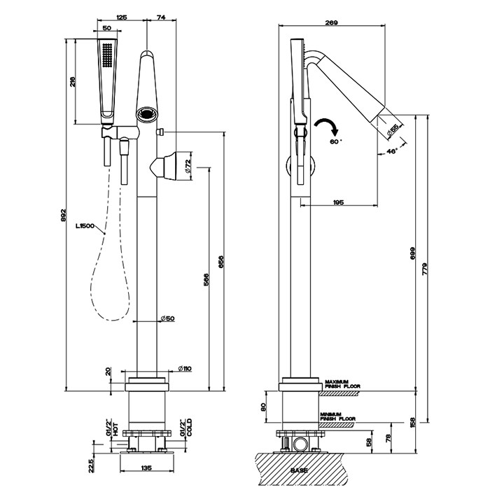 Смеситель для ванны, напольный, с ручным душем и шлангом 150см., внешняя часть, Gessi Cono, black metal pvd арт. 45028#706