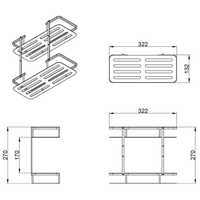 Полка прямоугольная двухэтажная подвесная,хром, Azario Rina - AZ-835-2