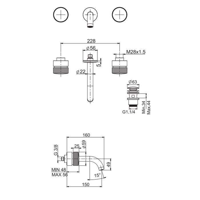 Fima Carlo Frattini Смеситель для раковины на 3 отверстия, настенный монтаж, Излив 150мм, Texture Collection, F5601/5HCR цвет: хром