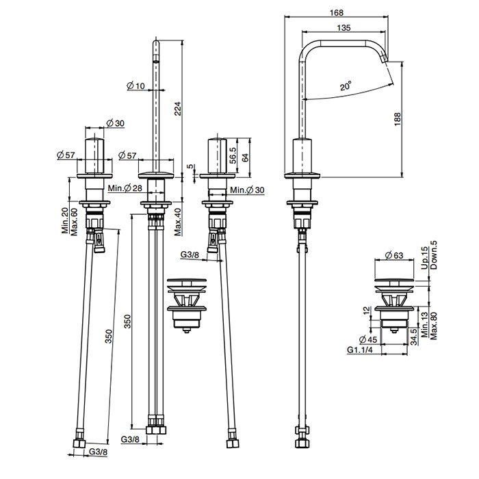 Fima Carlo Frattini Смеситель для раковины, на 3 отв., с донным клапаном, So, F3191ANS цвет: черный
