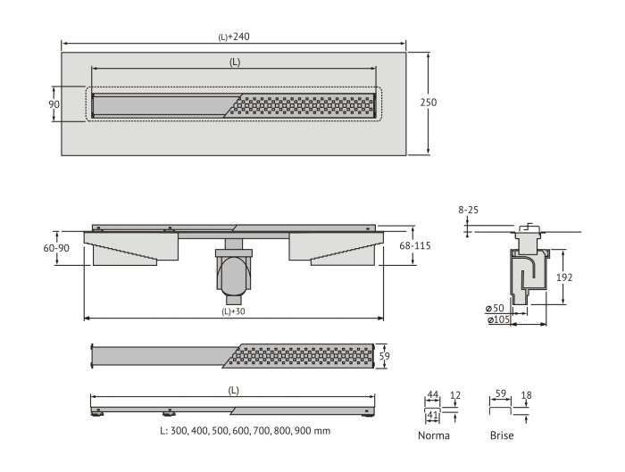 Душевой лоток BERGES C1 Norma 400, матовый хром, S-сифон D50/105мм H50, арт.090035